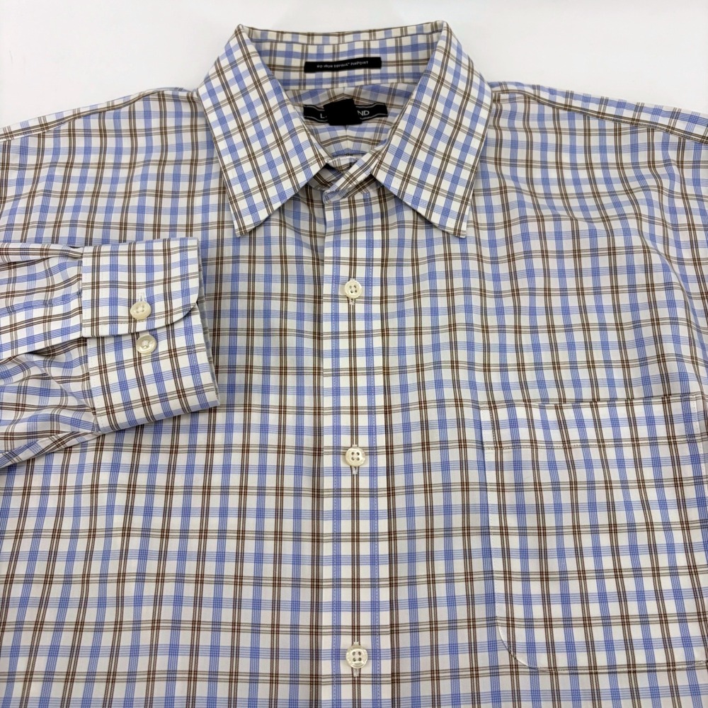 Lands End Mens 16.5 32 No‎ Iron Supima Pinpoint Plaid Dress Shirt Blue Brown